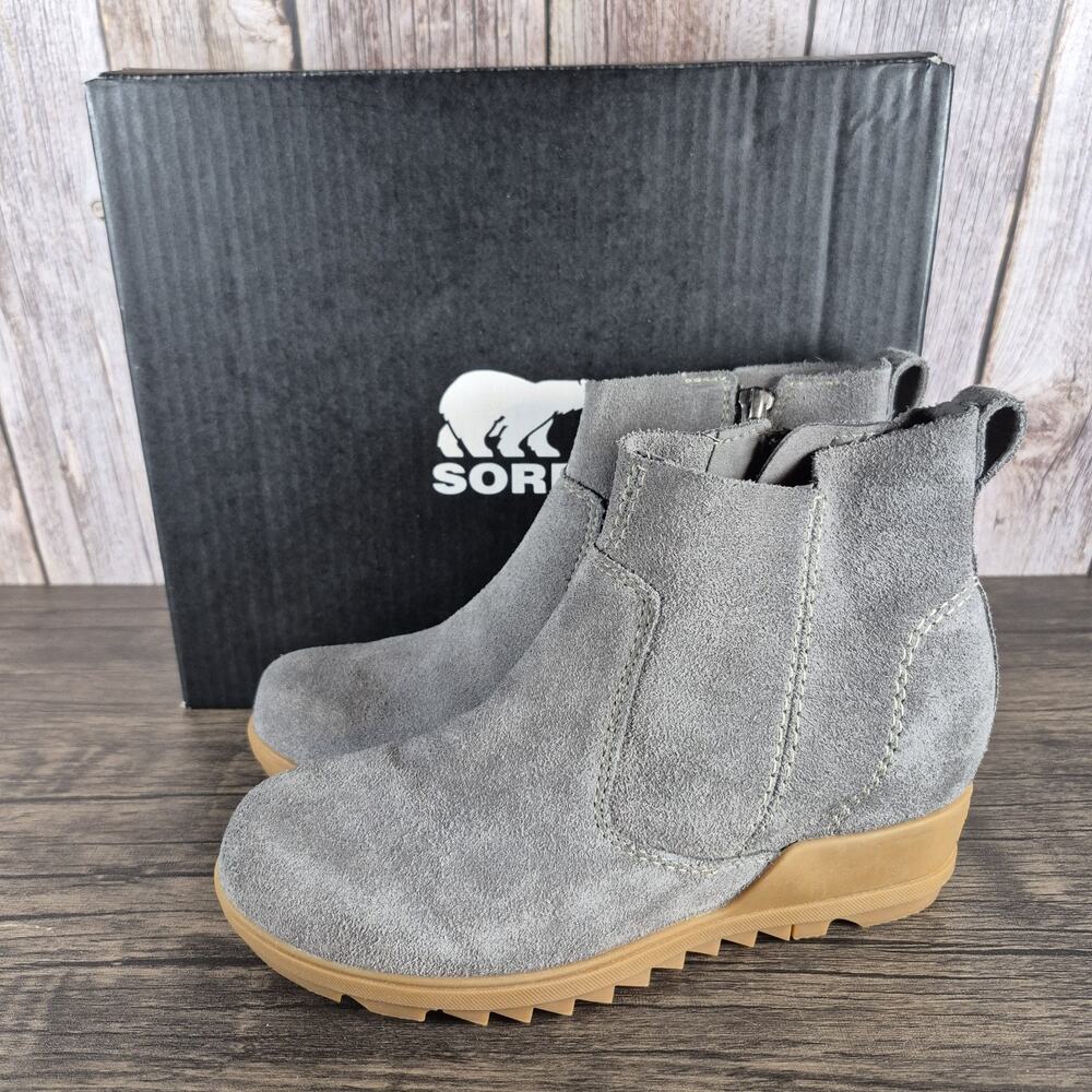 SOREL Evie Suede Zip Wedge Ankle Bootie Waterproof Grey Women’s Sz 6.5